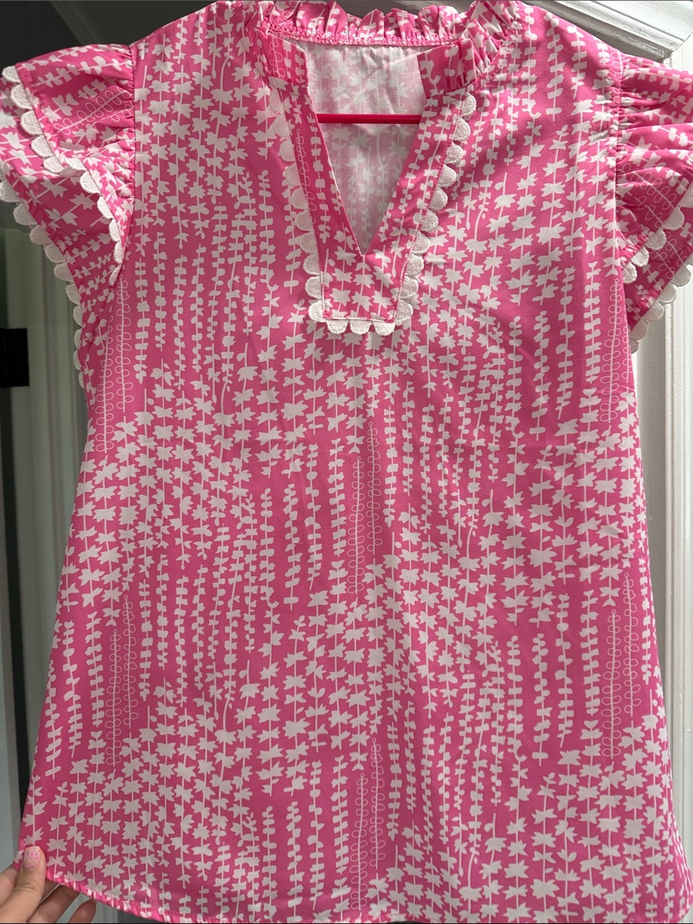 Womens Pink Patterned Flutter Sleeve Top